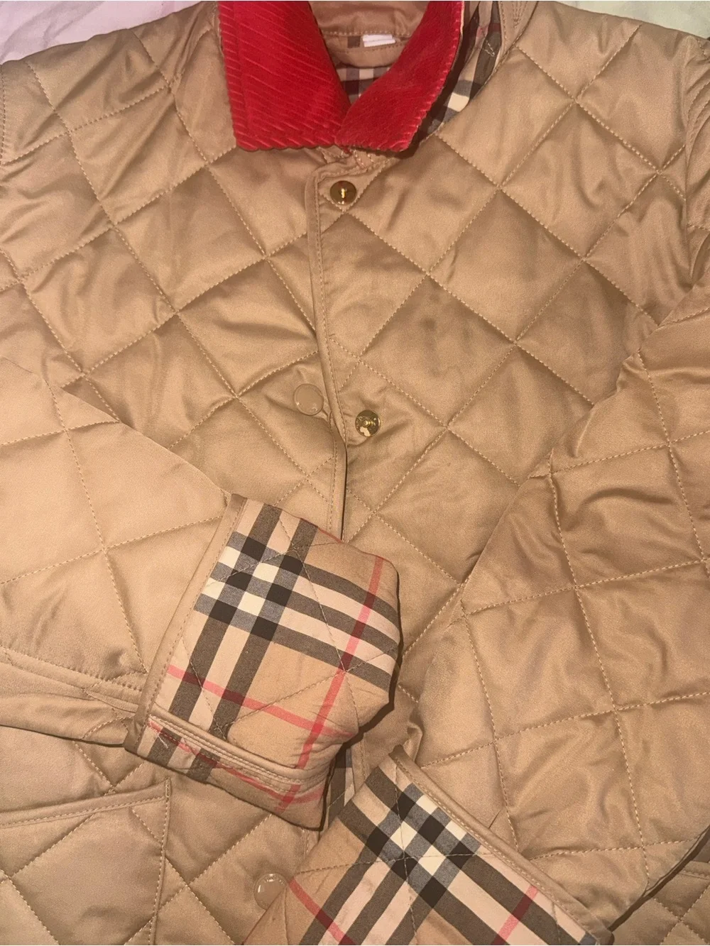 Burberry Tan Quilted Puffer Jacket with Red Corduroy Collar